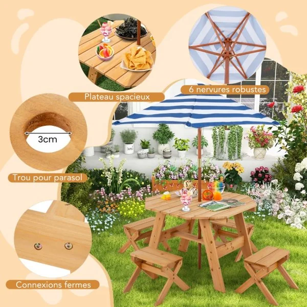 Ensemble de Table et Tabourets pour Enfants de 3 Ans et Plus Table de Pique-nique en Bois Parasol Pliable et Hauteur Réglable Naturel