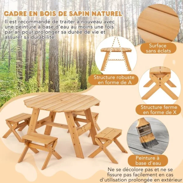 Ensemble de Table et Tabourets pour Enfants de 3 Ans et Plus Table de Pique-nique en Bois Parasol Pliable et Hauteur Réglable Naturel