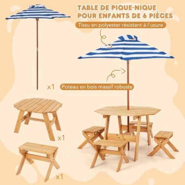 Ensemble de Table et Tabourets pour Enfants de 3 Ans et Plus Table de Pique-nique en Bois Parasol Pliable et Hauteur Réglable Naturel