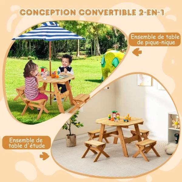 Ensemble de Table et Tabourets pour Enfants de 3 Ans et Plus Table de Pique-nique en Bois Parasol Pliable et Hauteur Réglable Naturel