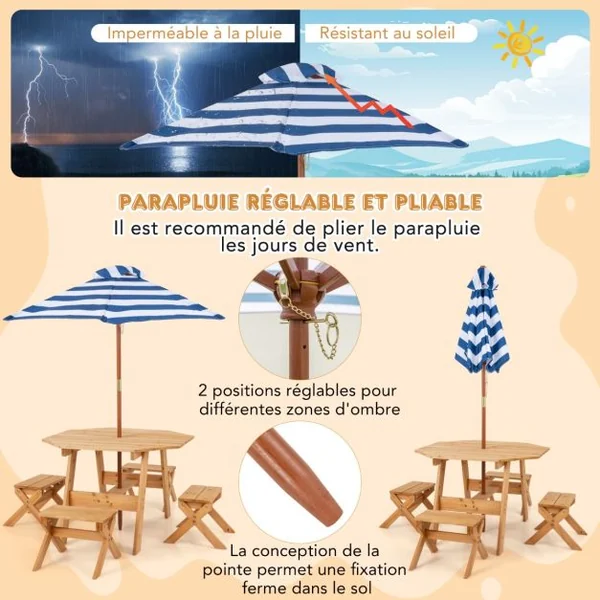 Ensemble de Table et Tabourets pour Enfants de 3 Ans et Plus Table de Pique-nique en Bois Parasol Pliable et Hauteur Réglable Naturel