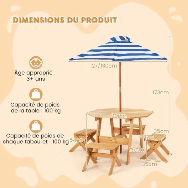 Ensemble de Table et Tabourets pour Enfants de 3 Ans et Plus Table de Pique-nique en Bois Parasol Pliable et Hauteur Réglable Naturel