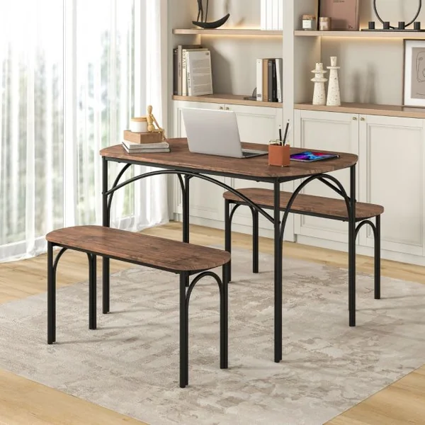 Ensemble de Table à Manger 3 PCS pour 4 Personnes Table Rectangulaire en bois de 120 cm et 2 Bancs Coins Arrondis Cadre en Métal Brun
