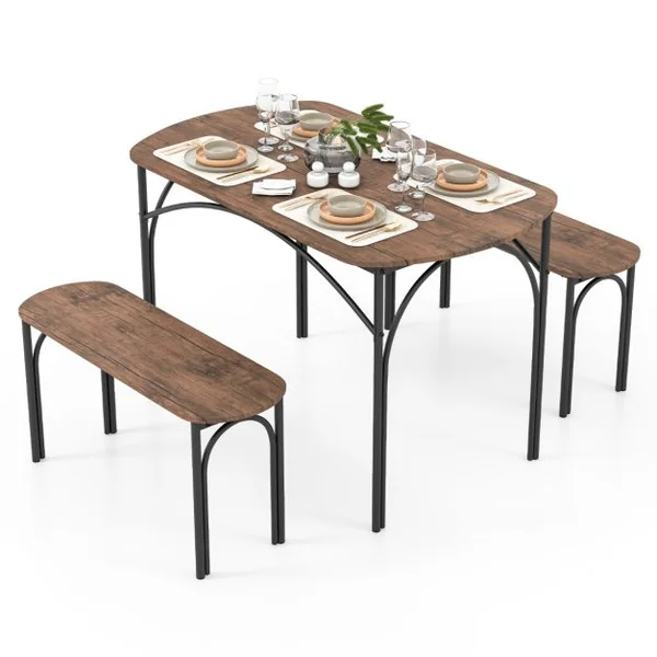 Ensemble de Table à Manger 3 PCS pour 4 Personnes Table Rectangulaire en bois de 120 cm et 2 Bancs Coins Arrondis Cadre en Métal Brun