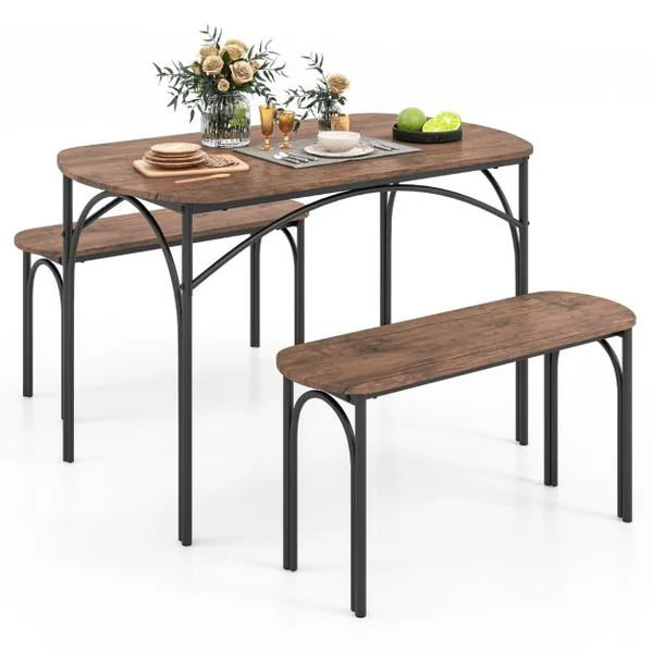 Ensemble de Table à Manger 3 PCS pour 4 Personnes Table Rectangulaire en bois de 120 cm et 2 Bancs Coins Arrondis Cadre en Métal Brun