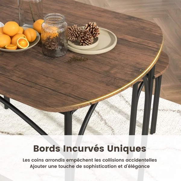 Ensemble de Table à Manger 3 PCS pour 4 Personnes Table Rectangulaire en bois de 120 cm et 2 Bancs Coins Arrondis Cadre en Métal Brun