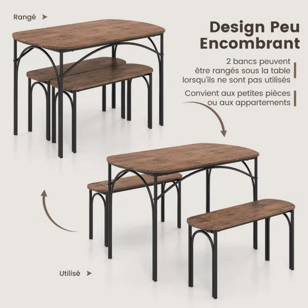 Ensemble de Table à Manger 3 PCS pour 4 Personnes Table Rectangulaire en bois de 120 cm et 2 Bancs Coins Arrondis Cadre en Métal Brun