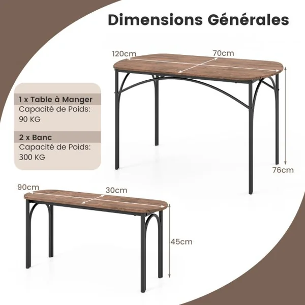 Ensemble de Table à Manger 3 PCS pour 4 Personnes Table Rectangulaire en bois de 120 cm et 2 Bancs Coins Arrondis Cadre en Métal Brun
