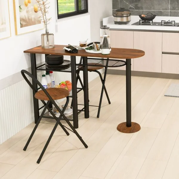 Ensemble de Table à Manger 3 Pièces Table à Manger Rétro & 2 Chaises Pliables avec Étagère de Rangement à 4 Niveaux Dispositif Anti-Basculement Antique