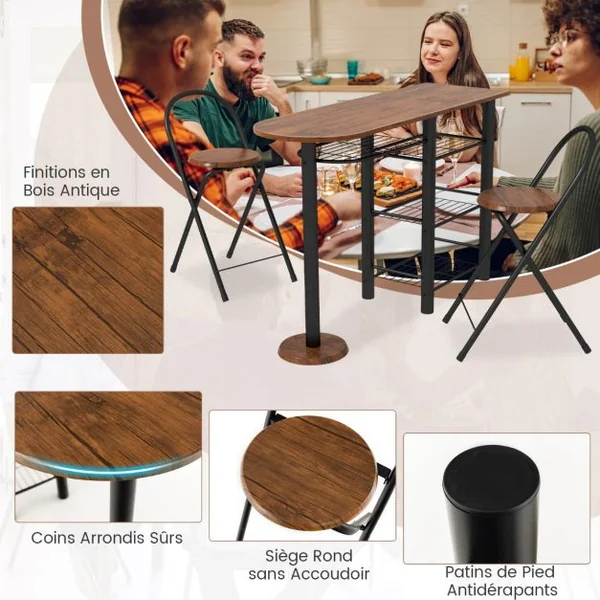 Ensemble de Table à Manger 3 Pièces Table à Manger Rétro & 2 Chaises Pliables avec Étagère de Rangement à 4 Niveaux Dispositif Anti-Basculement Antique