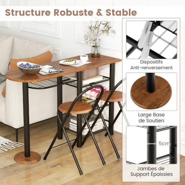 Ensemble de Table à Manger 3 Pièces Table à Manger Rétro & 2 Chaises Pliables avec Étagère de Rangement à 4 Niveaux Dispositif Anti-Basculement Antique
