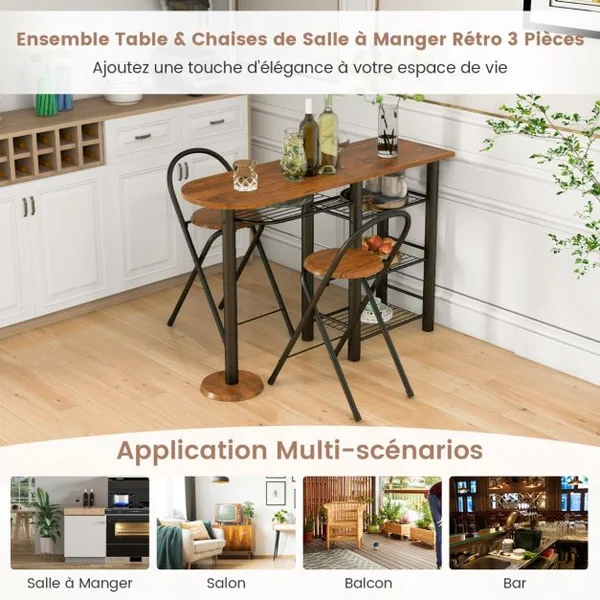 Ensemble de Table à Manger 3 Pièces Table à Manger Rétro & 2 Chaises Pliables avec Étagère de Rangement à 4 Niveaux Dispositif Anti-Basculement Antique