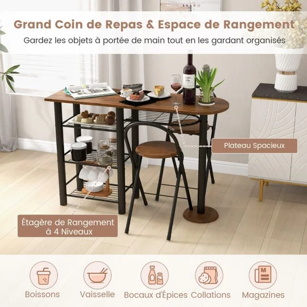 Ensemble de Table à Manger 3 Pièces Table à Manger Rétro & 2 Chaises Pliables avec Étagère de Rangement à 4 Niveaux Dispositif Anti-Basculement Antique