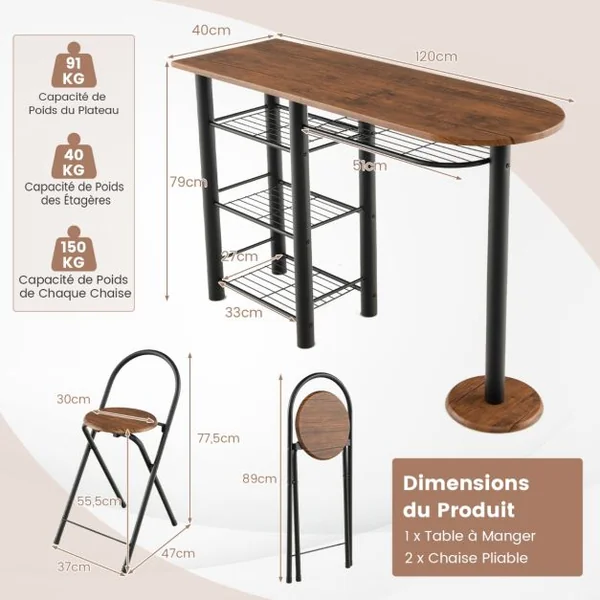 Ensemble de Table à Manger 3 Pièces Table à Manger Rétro & 2 Chaises Pliables avec Étagère de Rangement à 4 Niveaux Dispositif Anti-Basculement Antique