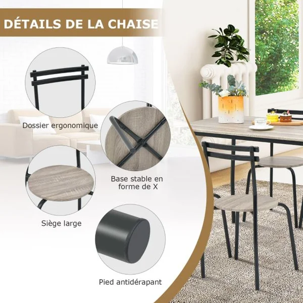 Ensemble de Table à Manger 5 Pièces pour 4 Personnes Table à Manger Rectangulaire Moderne et 4 Chaises sans Bras avec Cadre en Métal Naturel