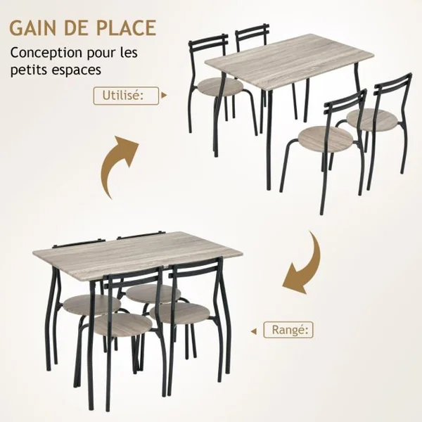 Ensemble de Table à Manger 5 Pièces pour 4 Personnes Table à Manger Rectangulaire Moderne et 4 Chaises sans Bras avec Cadre en Métal Naturel