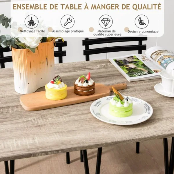 Ensemble de Table à Manger 5 Pièces pour 4 Personnes Table à Manger Rectangulaire Moderne et 4 Chaises sans Bras avec Cadre en Métal Naturel