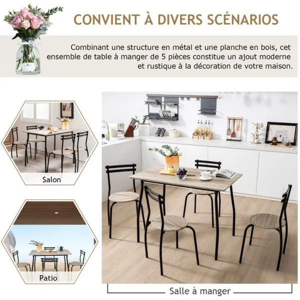 Ensemble de Table à Manger 5 Pièces pour 4 Personnes Table à Manger Rectangulaire Moderne et 4 Chaises sans Bras avec Cadre en Métal Naturel