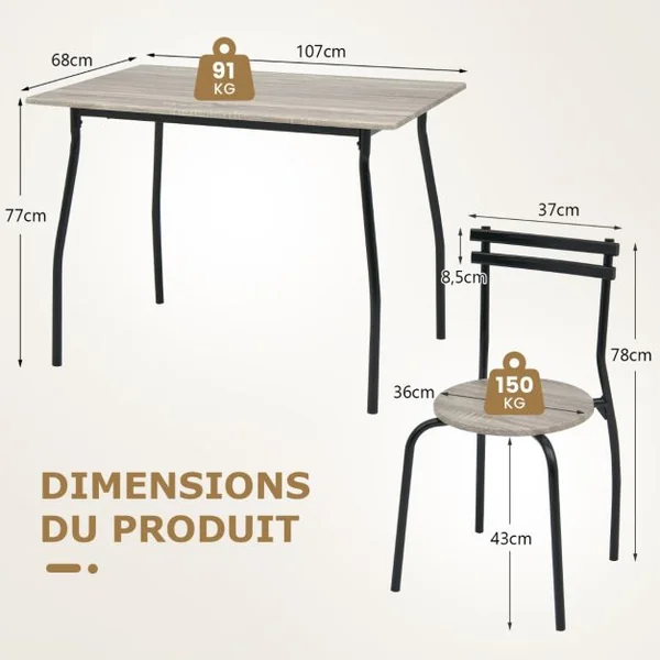 Ensemble de Table à Manger 5 Pièces pour 4 Personnes Table à Manger Rectangulaire Moderne et 4 Chaises sans Bras avec Cadre en Métal Naturel