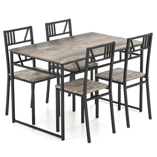 Ensemble de Table à Manger 5 Pièces Table de Cuisine de Style Industriel et 4 Chaises avec un Plateau en Imitation Bois et un Cadre Gris
