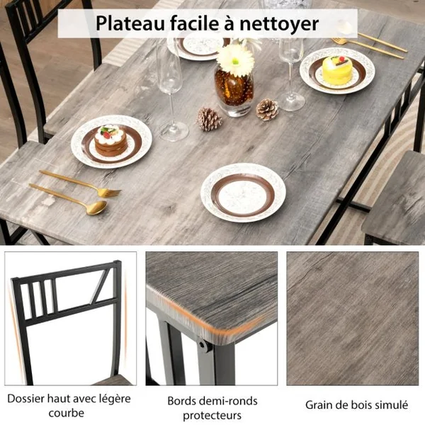 Ensemble de Table à Manger 5 Pièces Table de Cuisine de Style Industriel et 4 Chaises avec un Plateau en Imitation Bois et un Cadre Gris