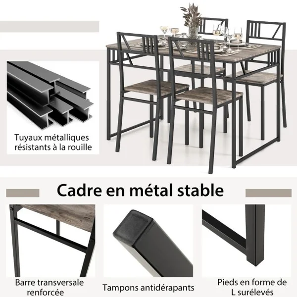 Ensemble de Table à Manger 5 Pièces Table de Cuisine de Style Industriel et 4 Chaises avec un Plateau en Imitation Bois et un Cadre Gris