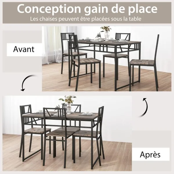 Ensemble de Table à Manger 5 Pièces Table de Cuisine de Style Industriel et 4 Chaises avec un Plateau en Imitation Bois et un Cadre Gris