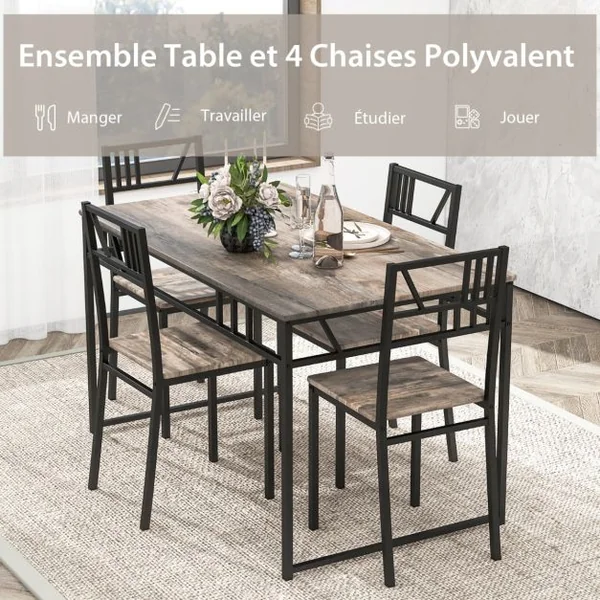 Ensemble de Table à Manger 5 Pièces Table de Cuisine de Style Industriel et 4 Chaises avec un Plateau en Imitation Bois et un Cadre Gris