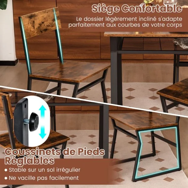 Ensemble de Table à Manger 5 Pièces Table de Cuisine Rectangulaire Industrielle avec 4 Chaises Étagère de Rangement Cadre en Métal Ensemble Marron Rustique/Gris