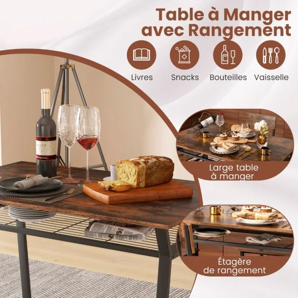 Ensemble de Table à Manger 5 Pièces Table de Cuisine Rectangulaire Industrielle avec 4 Chaises Étagère de Rangement Cadre en Métal Ensemble Marron Rustique/Gris