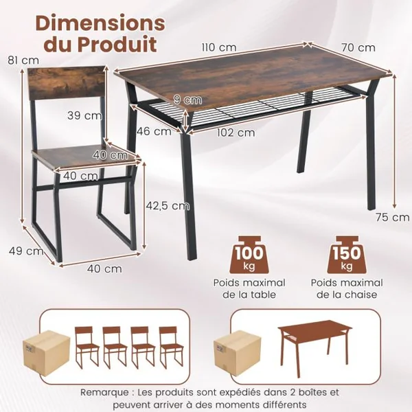 Ensemble de Table à Manger 5 Pièces Table de Cuisine Rectangulaire Industrielle avec 4 Chaises Étagère de Rangement Cadre en Métal Ensemble Marron Rustique/Gris