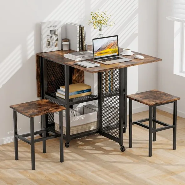 Ensemble de Table à Manger Pliante 3 Pièces avec 2 Tabourets avec Roulettes Verrouillables 2 Étagères de Rangement en Treillis pour Bureau