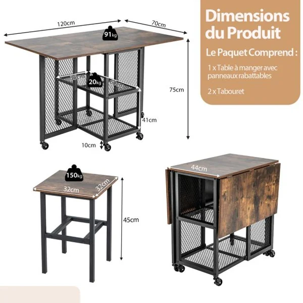 Ensemble de Table à Manger Pliante 3 Pièces avec 2 Tabourets avec Roulettes Verrouillables 2 Étagères de Rangement en Treillis pour Bureau
