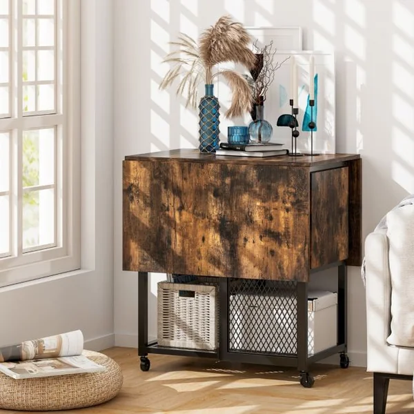 Ensemble de Table à Manger Pliante 3 Pièces avec 2 Tabourets avec Roulettes Verrouillables 2 Étagères de Rangement en Treillis pour Bureau