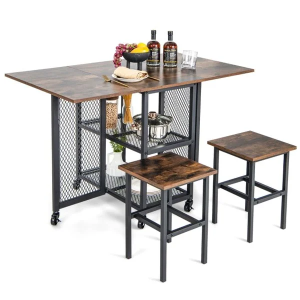 Ensemble de Table à Manger Pliante 3 Pièces avec 2 Tabourets avec Roulettes Verrouillables 2 Étagères de Rangement en Treillis pour Bureau