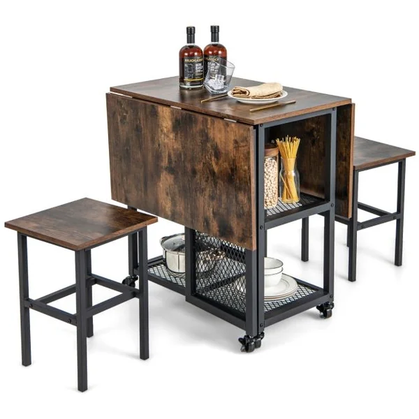 Ensemble de Table à Manger Pliante 3 Pièces avec 2 Tabourets avec Roulettes Verrouillables 2 Étagères de Rangement en Treillis pour Bureau