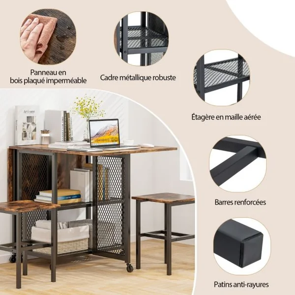 Ensemble de Table à Manger Pliante 3 Pièces avec 2 Tabourets avec Roulettes Verrouillables 2 Étagères de Rangement en Treillis pour Bureau