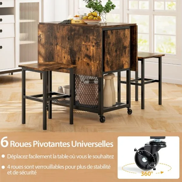 Ensemble de Table à Manger Pliante 3 Pièces avec 2 Tabourets avec Roulettes Verrouillables 2 Étagères de Rangement en Treillis pour Bureau