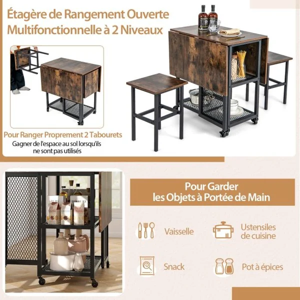 Ensemble de Table à Manger Pliante 3 Pièces avec 2 Tabourets avec Roulettes Verrouillables 2 Étagères de Rangement en Treillis pour Bureau