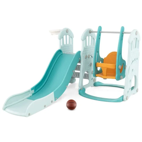 Ensemble de Toboggan et Balançoire pour 18 Mois+ 4 en 1 Toboggan Extra-long Balançoire Réglable en Hauteur Panier de Basket Grimpeur Bleu