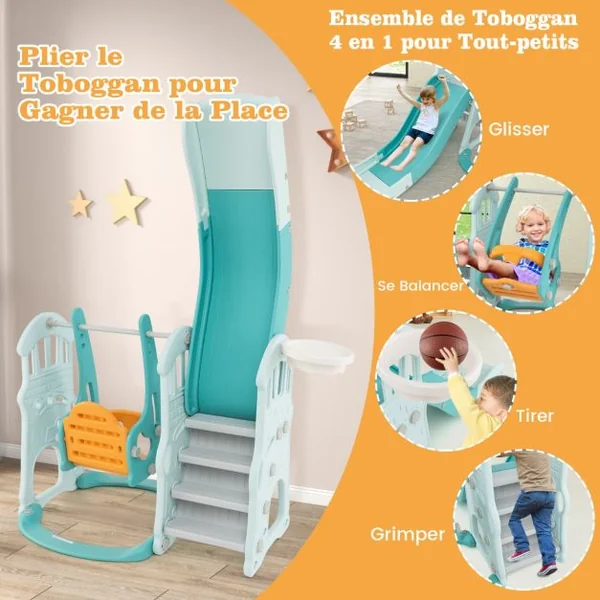 Ensemble de Toboggan et Balançoire pour 18 Mois+ 4 en 1 Toboggan Extra-long Balançoire Réglable en Hauteur Panier de Basket Grimpeur Bleu