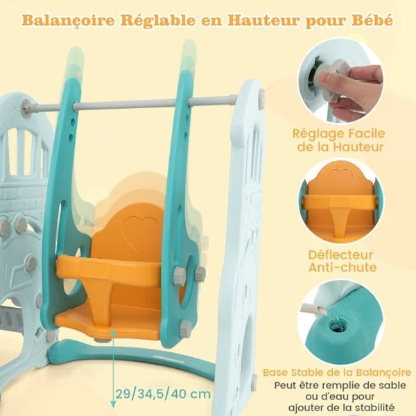 Ensemble de Toboggan et Balançoire pour 18 Mois+ 4 en 1 Toboggan Extra-long Balançoire Réglable en Hauteur Panier de Basket Grimpeur Bleu
