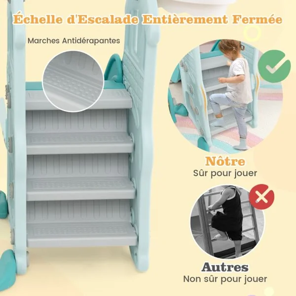 Ensemble de Toboggan et Balançoire pour 18 Mois+ 4 en 1 Toboggan Extra-long Balançoire Réglable en Hauteur Panier de Basket Grimpeur Bleu