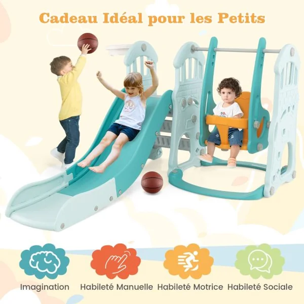 Ensemble de Toboggan et Balançoire pour 18 Mois+ 4 en 1 Toboggan Extra-long Balançoire Réglable en Hauteur Panier de Basket Grimpeur Bleu