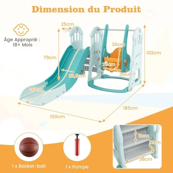 Ensemble de Toboggan et Balançoire pour 18 Mois+ 4 en 1 Toboggan Extra-long Balançoire Réglable en Hauteur Panier de Basket Grimpeur Bleu