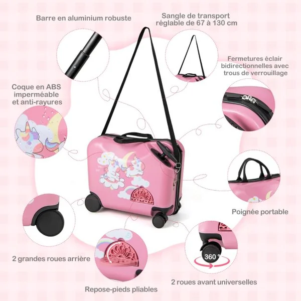 Ensemble de Valise 18” et Sac à Dos 12” pour Enfants Valise à Roulettes avec Corde pour Tirer et Éviter La Perte Motif de Licorne Rose/Bleu/Rose Pâle