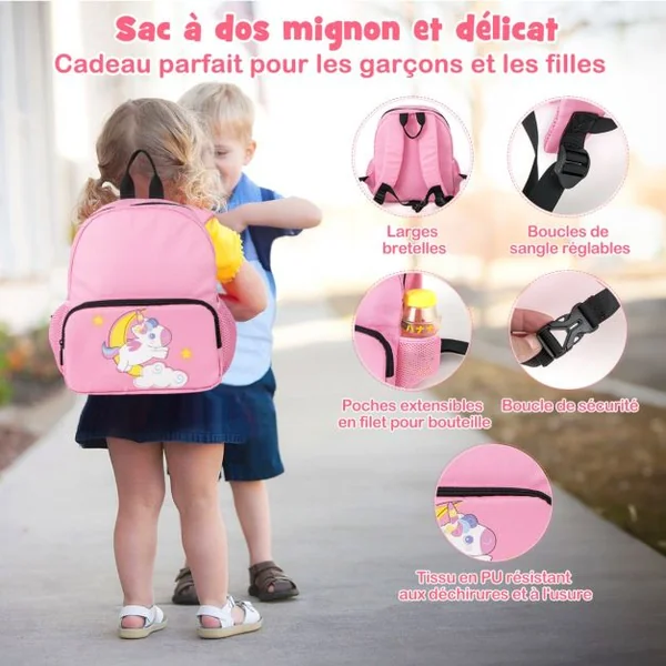 Ensemble de Valise 18” et Sac à Dos 12” pour Enfants Valise à Roulettes avec Corde pour Tirer et Éviter La Perte Motif de Licorne Rose/Bleu/Rose Pâle