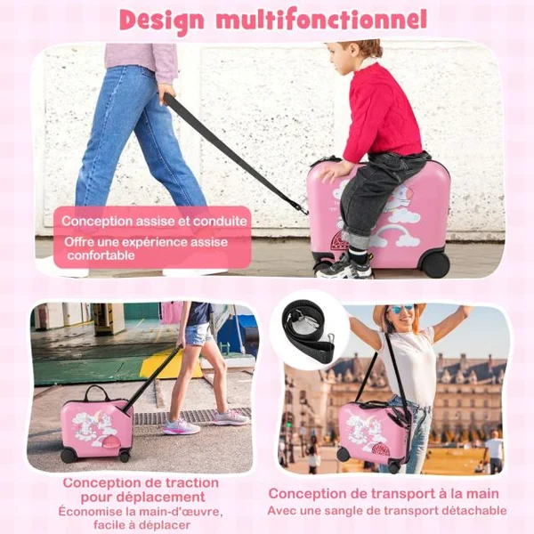 Ensemble de Valise 18” et Sac à Dos 12” pour Enfants Valise à Roulettes avec Corde pour Tirer et Éviter La Perte Motif de Licorne Rose/Bleu/Rose Pâle