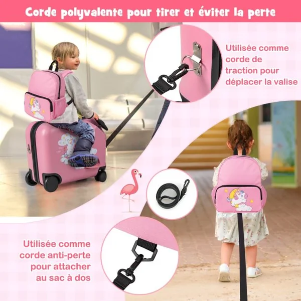 Ensemble de Valise 18” et Sac à Dos 12” pour Enfants Valise à Roulettes avec Corde pour Tirer et Éviter La Perte Motif de Licorne Rose/Bleu/Rose Pâle