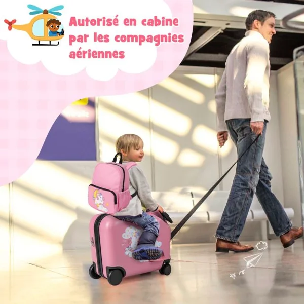 Ensemble de Valise 18” et Sac à Dos 12” pour Enfants Valise à Roulettes avec Corde pour Tirer et Éviter La Perte Motif de Licorne Rose/Bleu/Rose Pâle